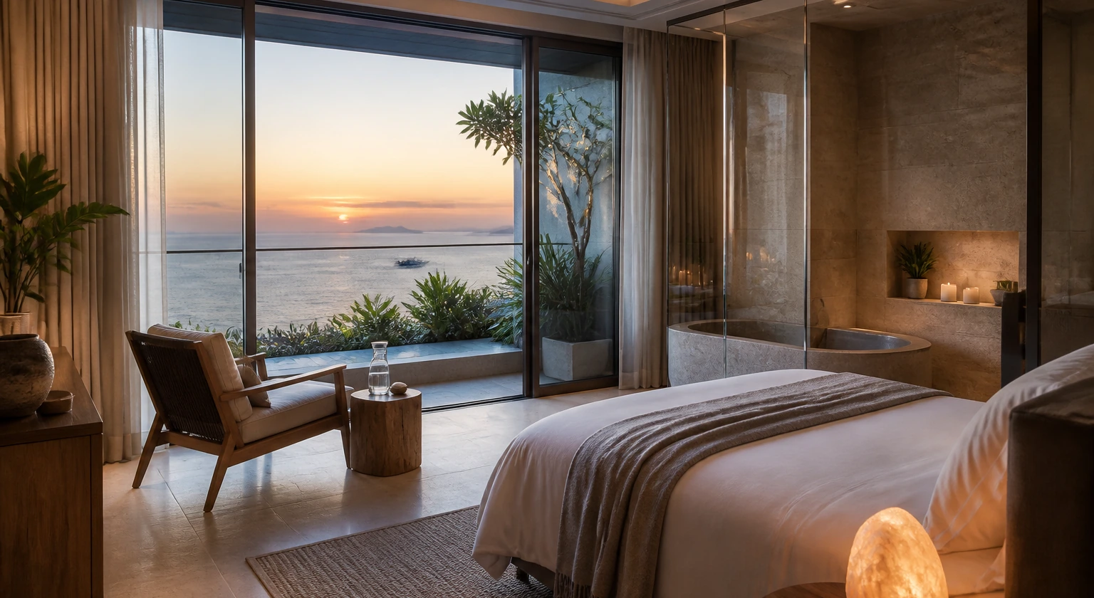 Photorealistic illustration for hotel sleep program booking checklist: signature experience