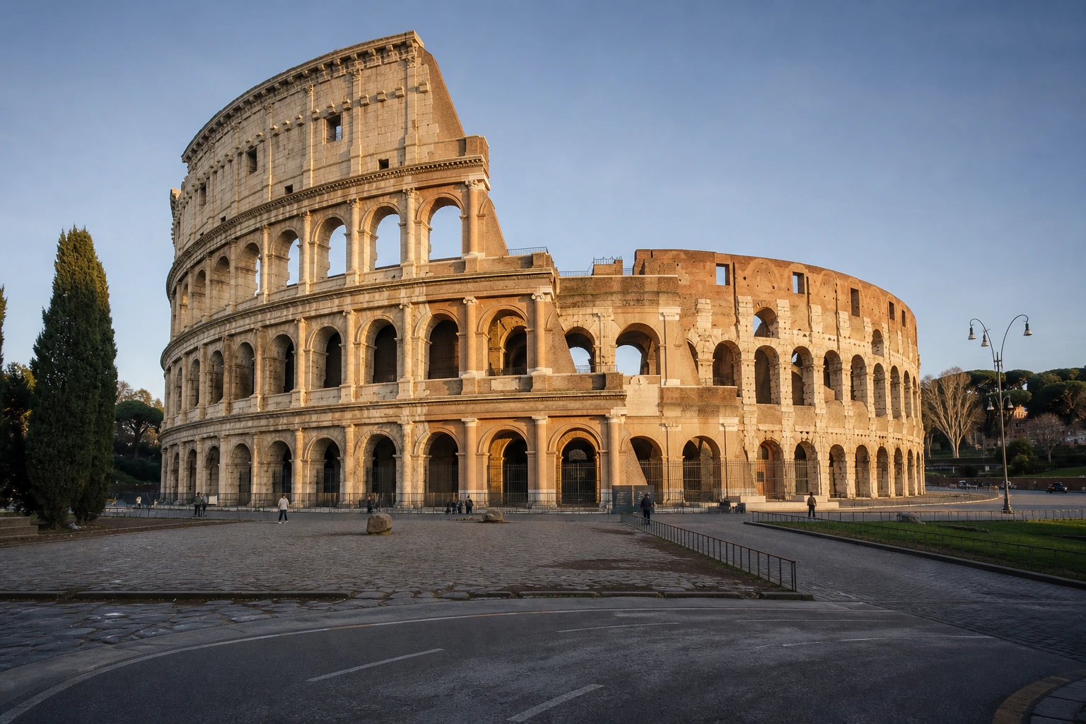 Exterior of the Colosseum in Rome with a road and a few visitors
