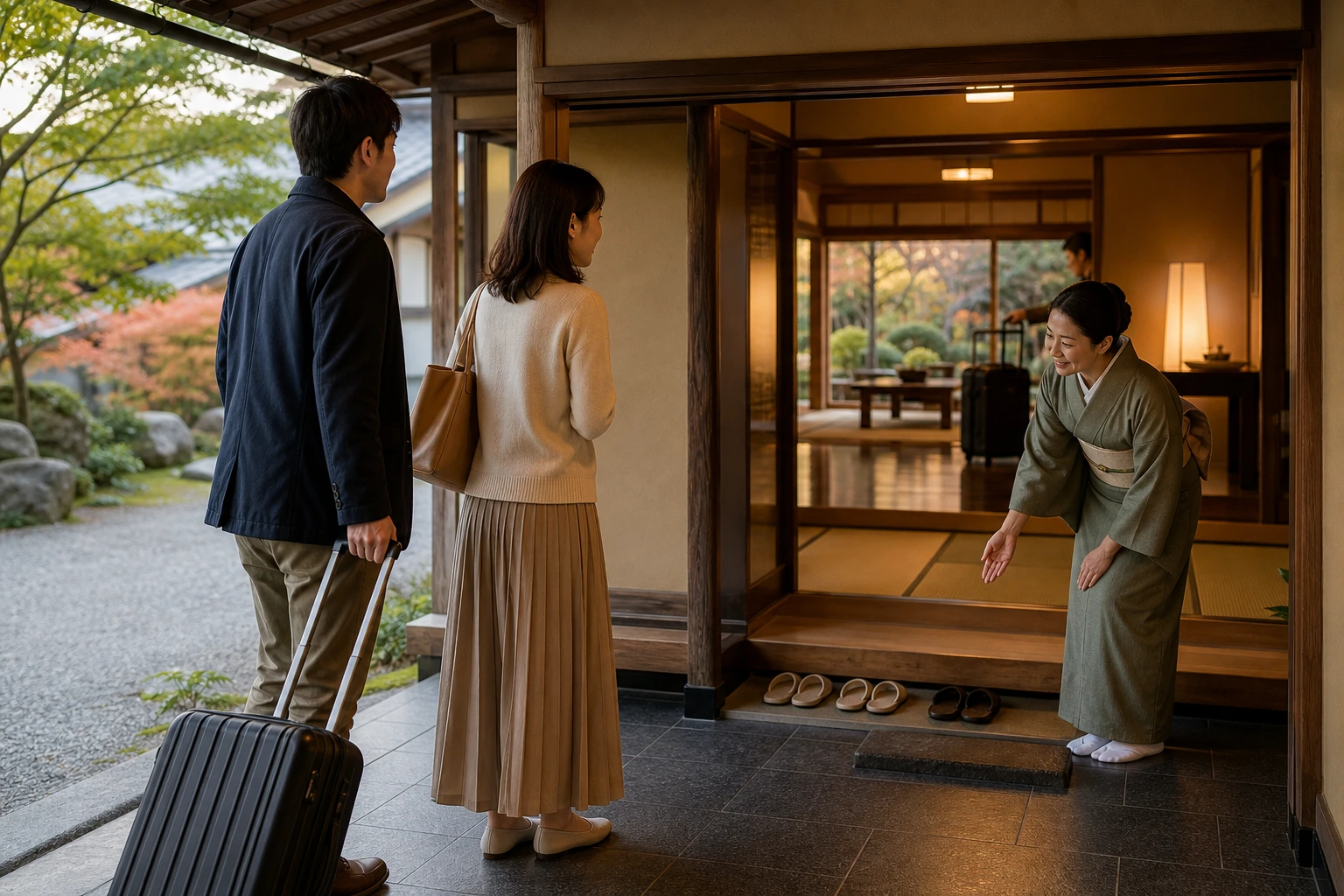 Photorealistic illustration for japan ryokan kaiseki design: setting and arrival