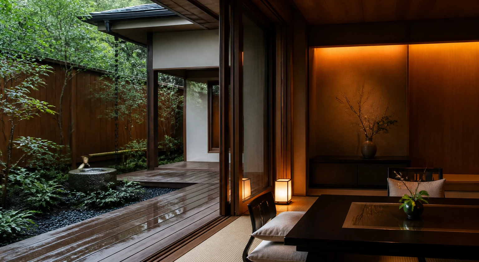 Photorealistic illustration for japan ryokan kaiseki design: accommodation and physical layout