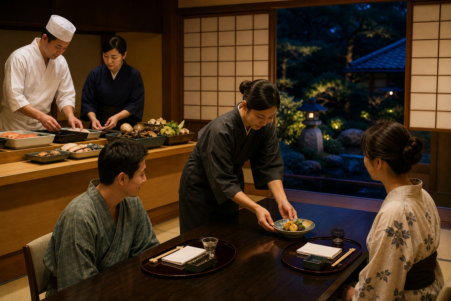 Photorealistic illustration for japan ryokan kaiseki design: accommodation and physical layout
