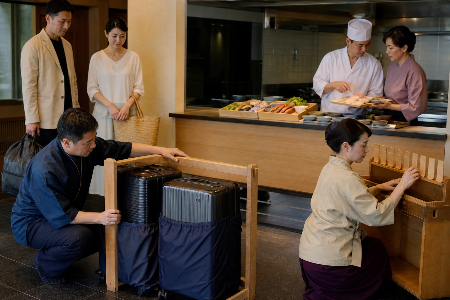 Photorealistic illustration for japan ryokan kaiseki design: signature experience