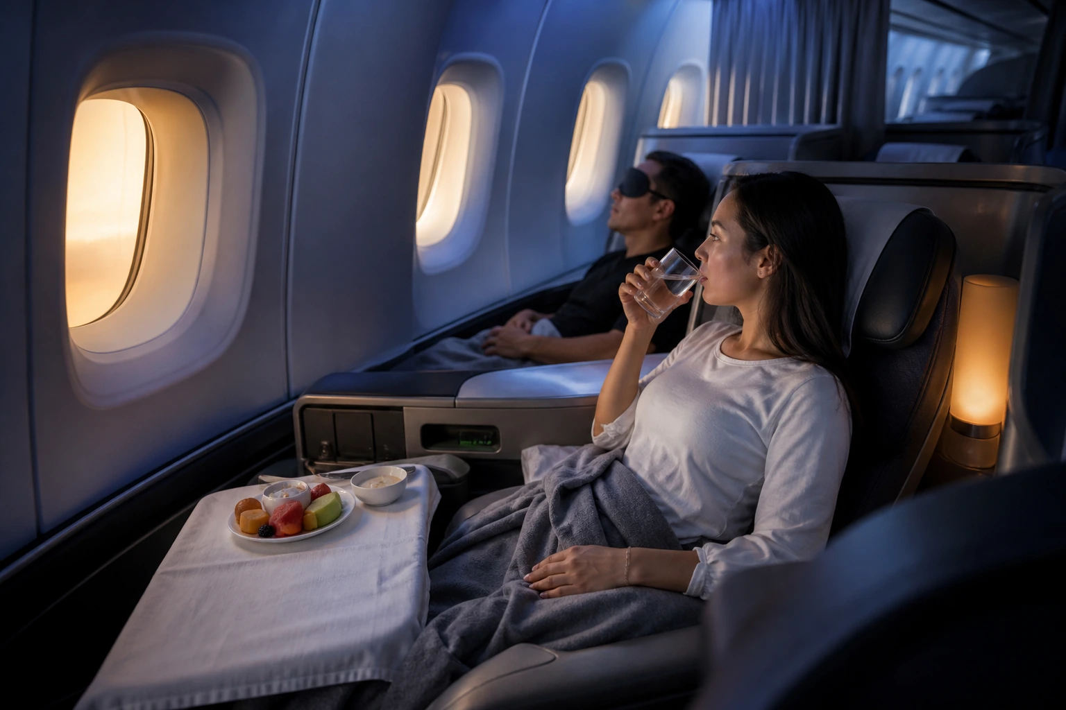 Photorealistic illustration for jet lag wellness timing: setting and arrival
