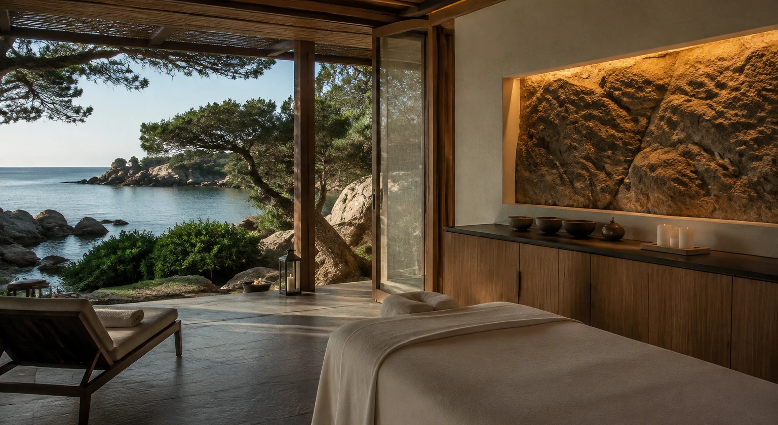 Photorealistic illustration for jet lag wellness timing: accommodation and physical layout