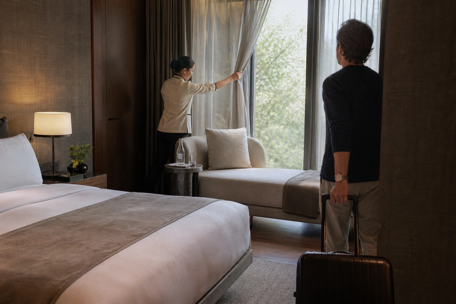 Photorealistic illustration for jet lag wellness timing: accommodation and physical layout