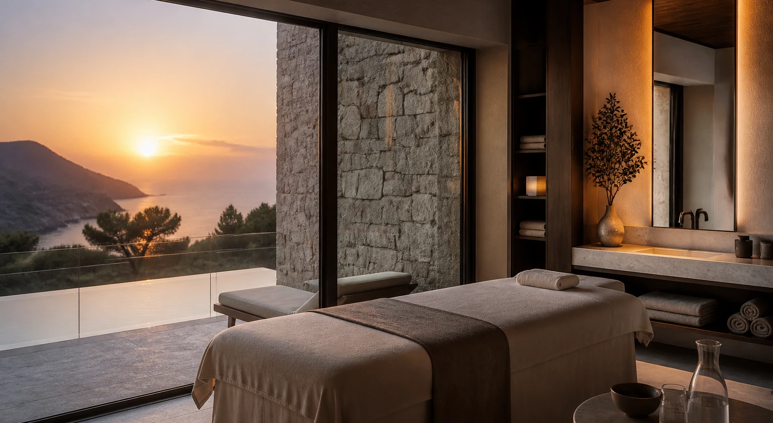 Photorealistic illustration for jet lag wellness timing: signature experience