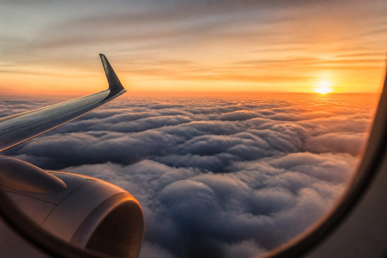 Sunrise above clouds through an aircraft window