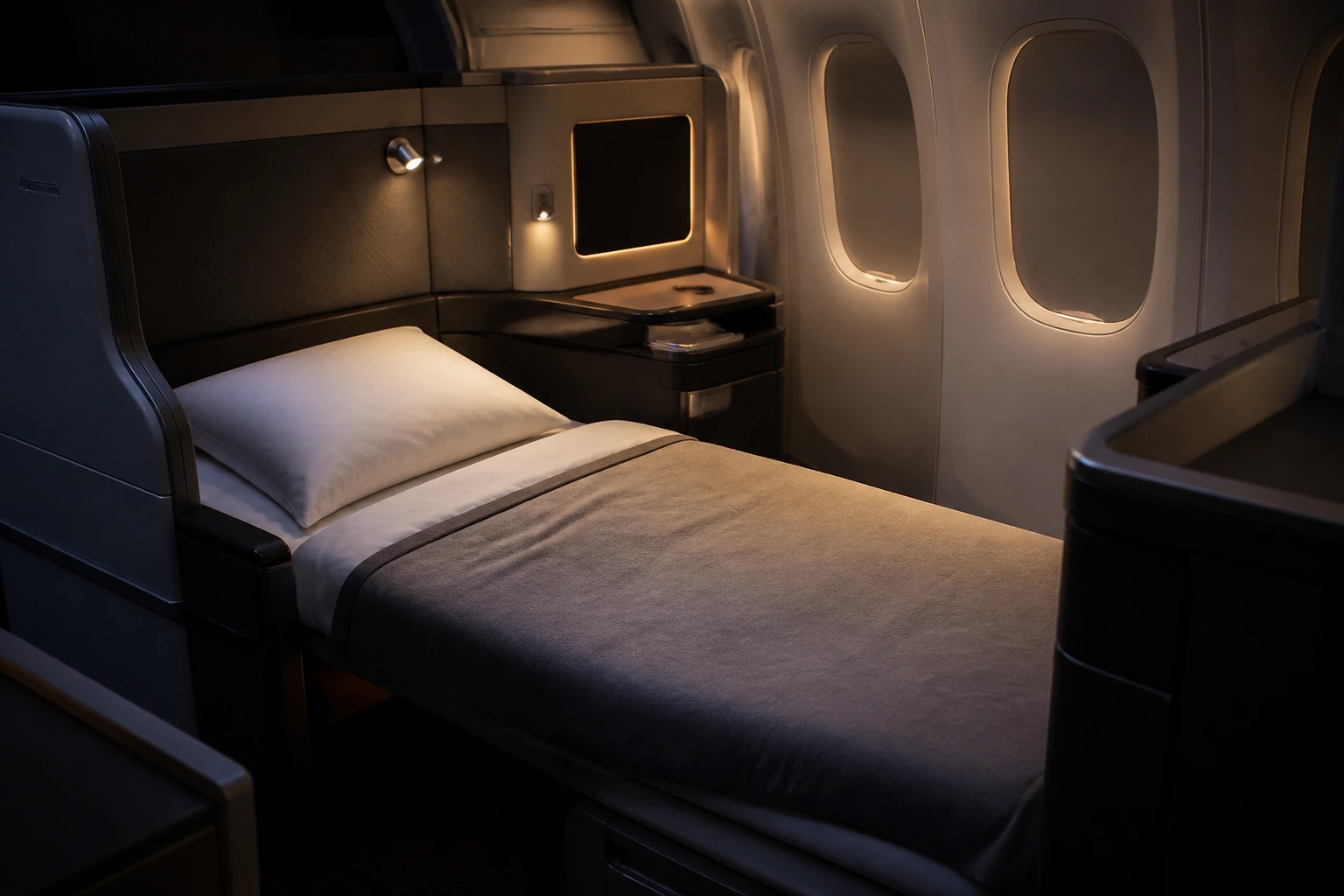 Historical United business-class seat with pillow and blanket