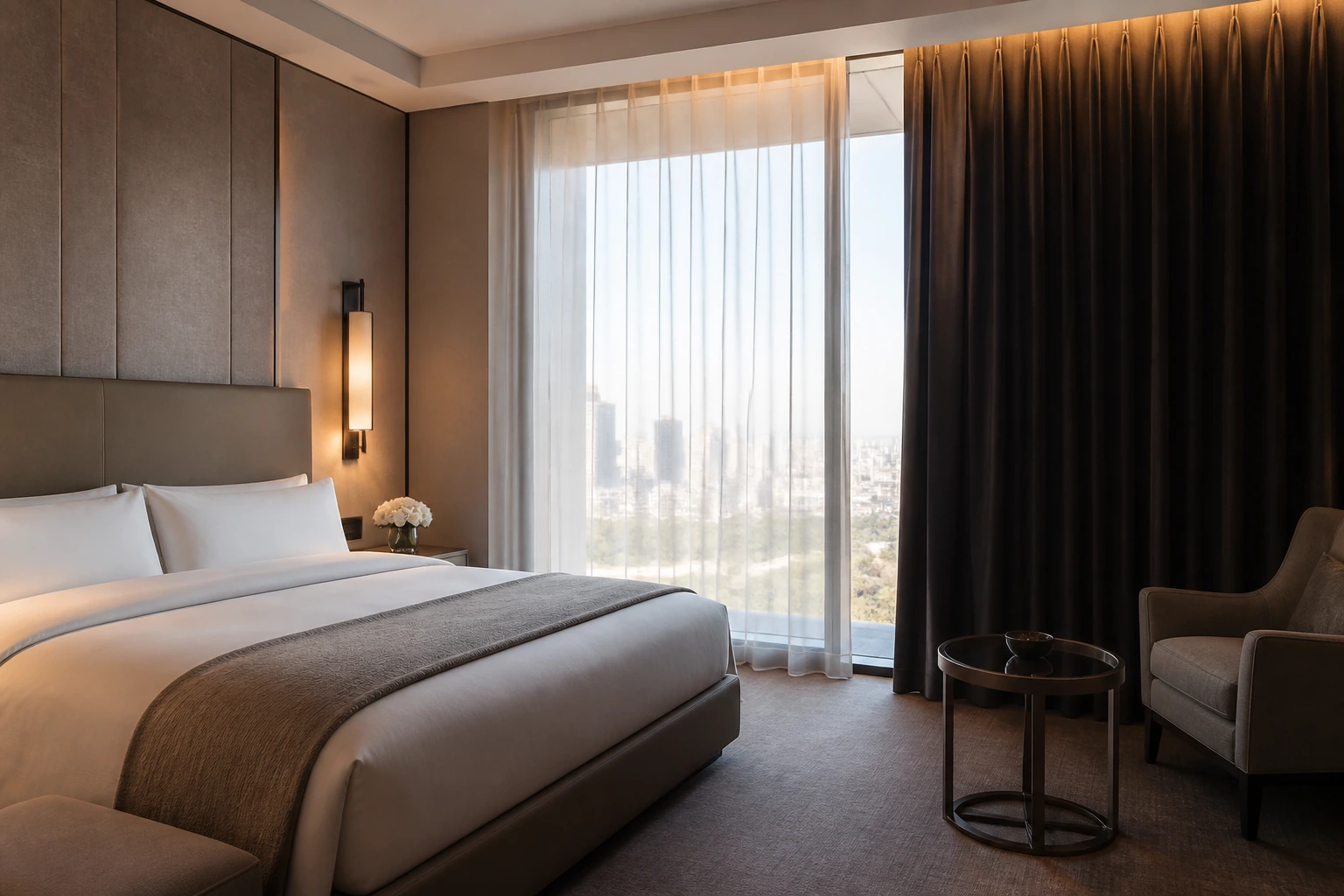 Hotel room with bed, daylight, sheers and dark curtains