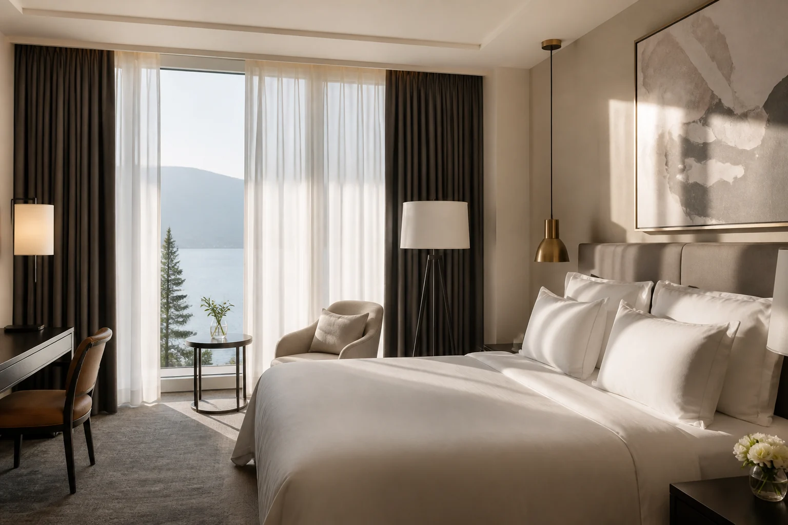 Hotel room with bed, daylight, sheers and dark curtains
