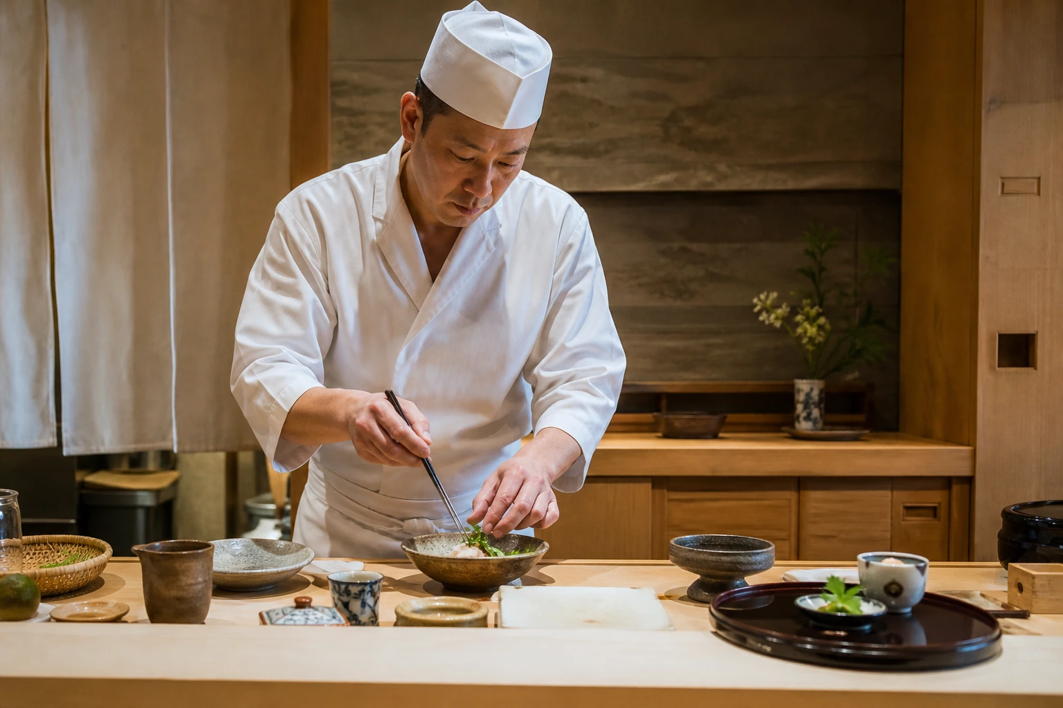 Cook preparing food in a small restaurant in Kyoto