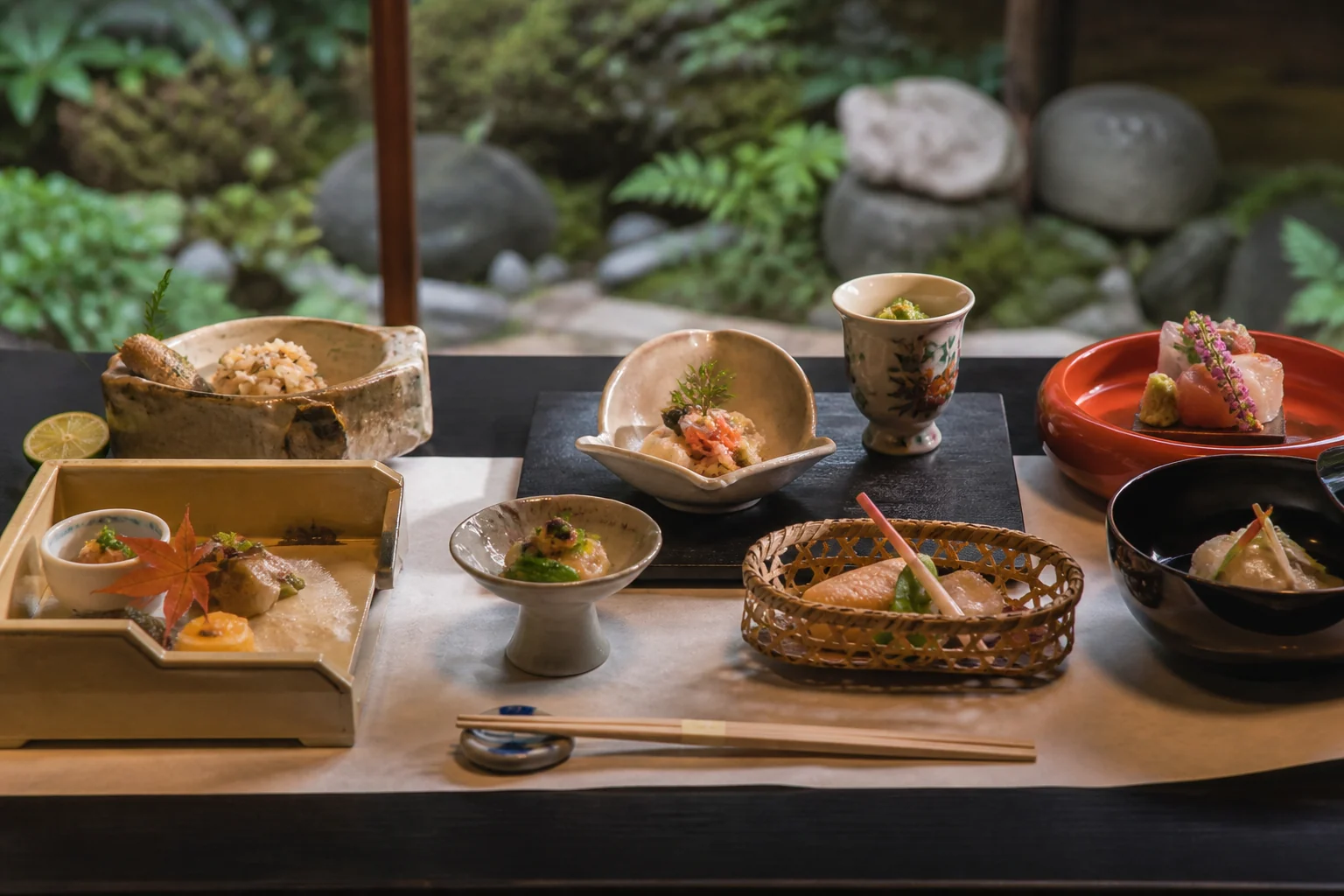 Kaiseki course in Kyoto arranged across several small vessels