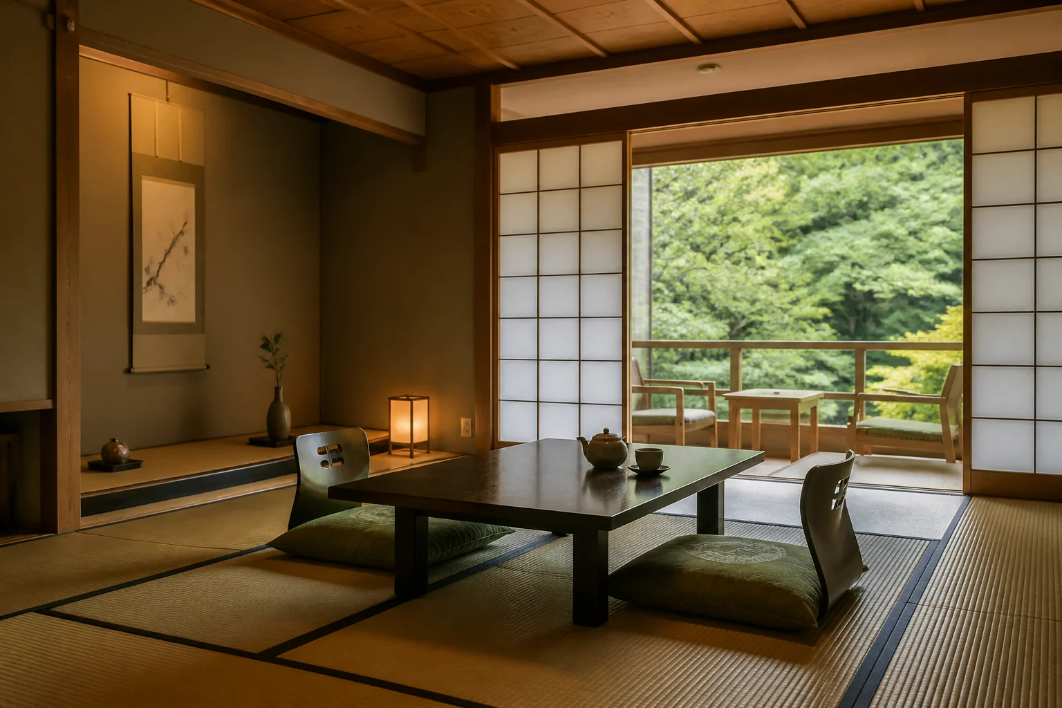 Tatami ryokan room with a low table and floor chairs