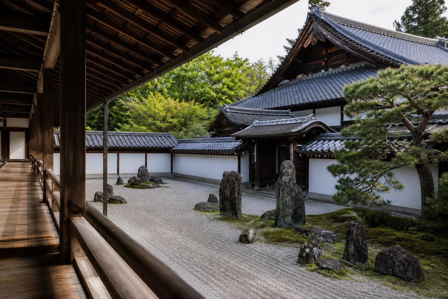京都南禅寺的方丈枯山水、木廊与寺院屋顶