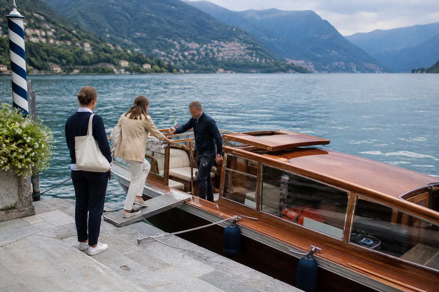 Safe boarding over a stable gangway onto a firmly moored wooden launch