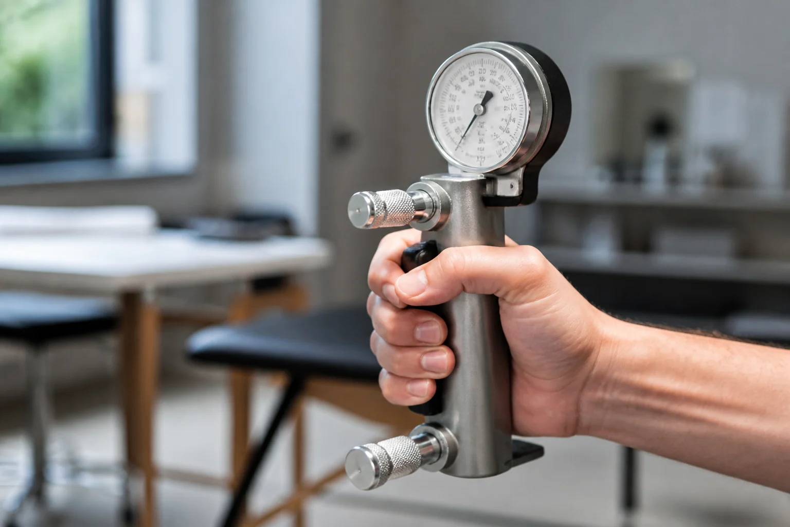 Hand hält einen mechanischen Dynamometer bei einer Griffkraftmessung