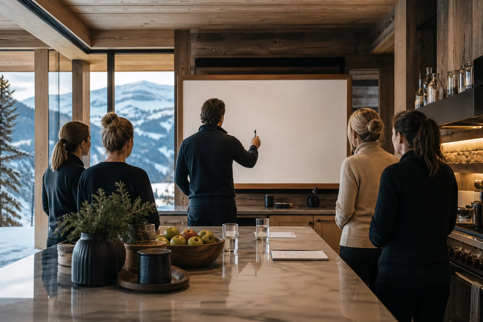 Briefing anonyme de l’équipe dans un chalet alpin de luxe