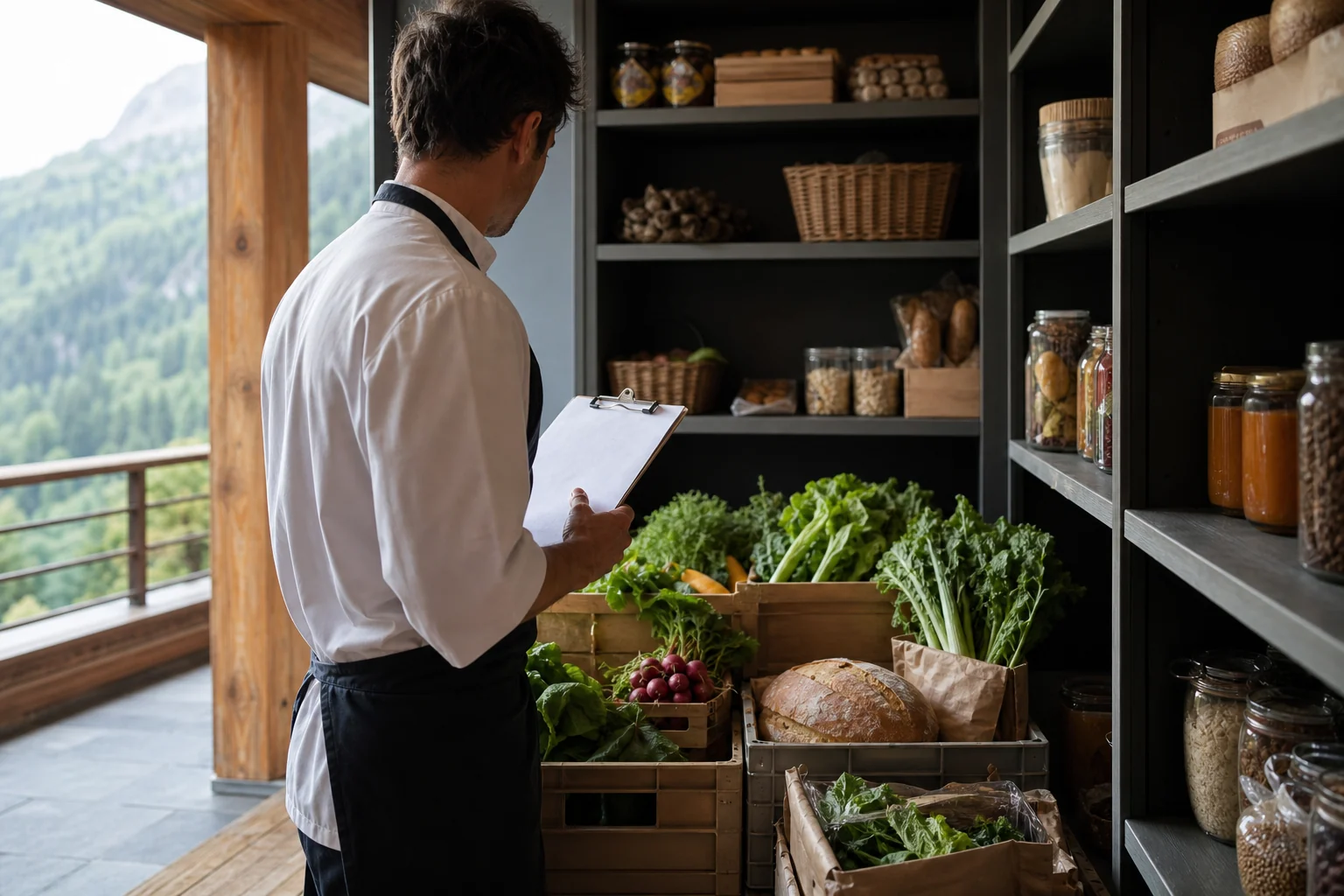 Chef de chalet anonyme vérifiant une livraison et le budget alimentaire