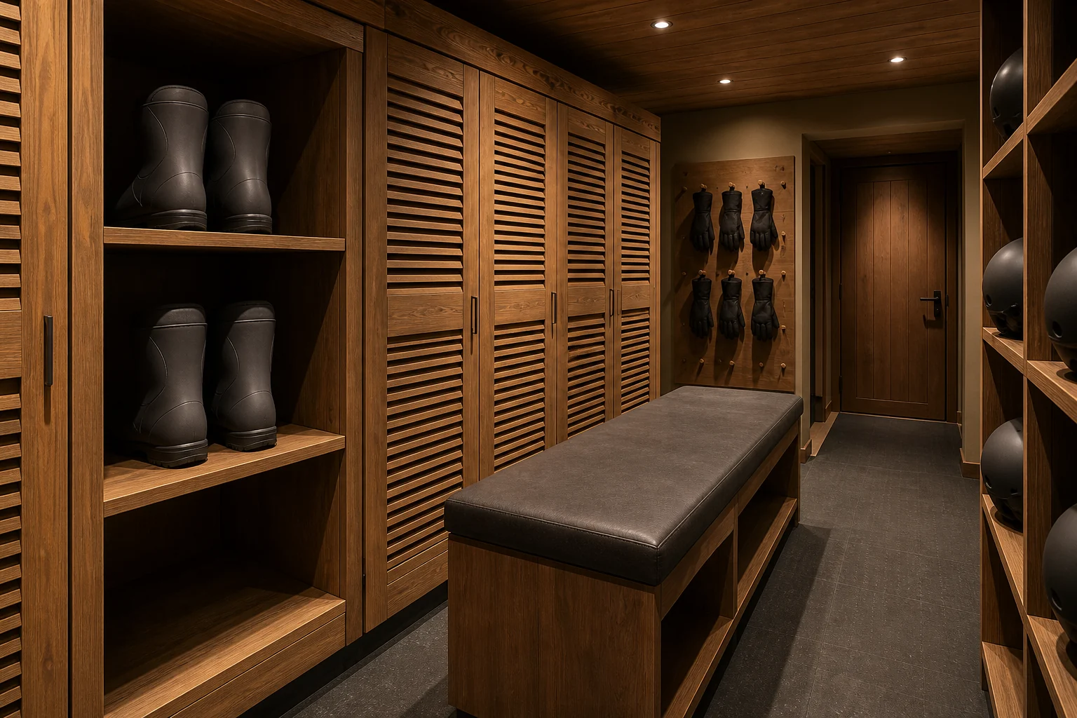 Neutral fictional ski room with boots, helmets and clear circulation
