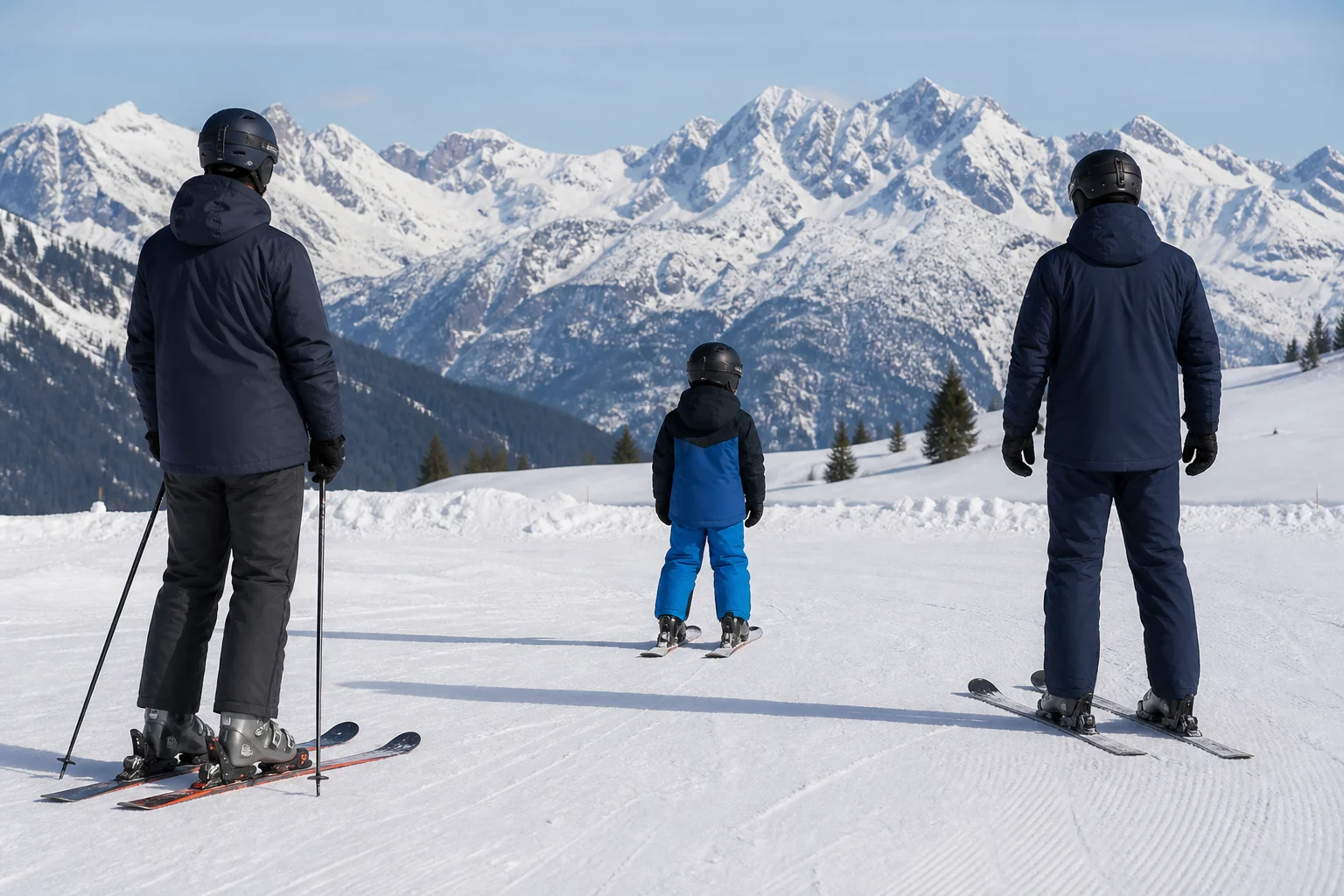 Fictional child handover to a ski instructor seen from behind