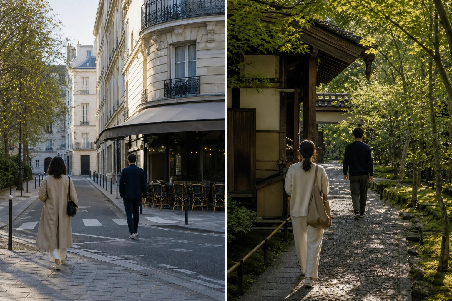Comparaison conceptuelle d’un matin parisien et d’un parcours de jardin à Kyoto