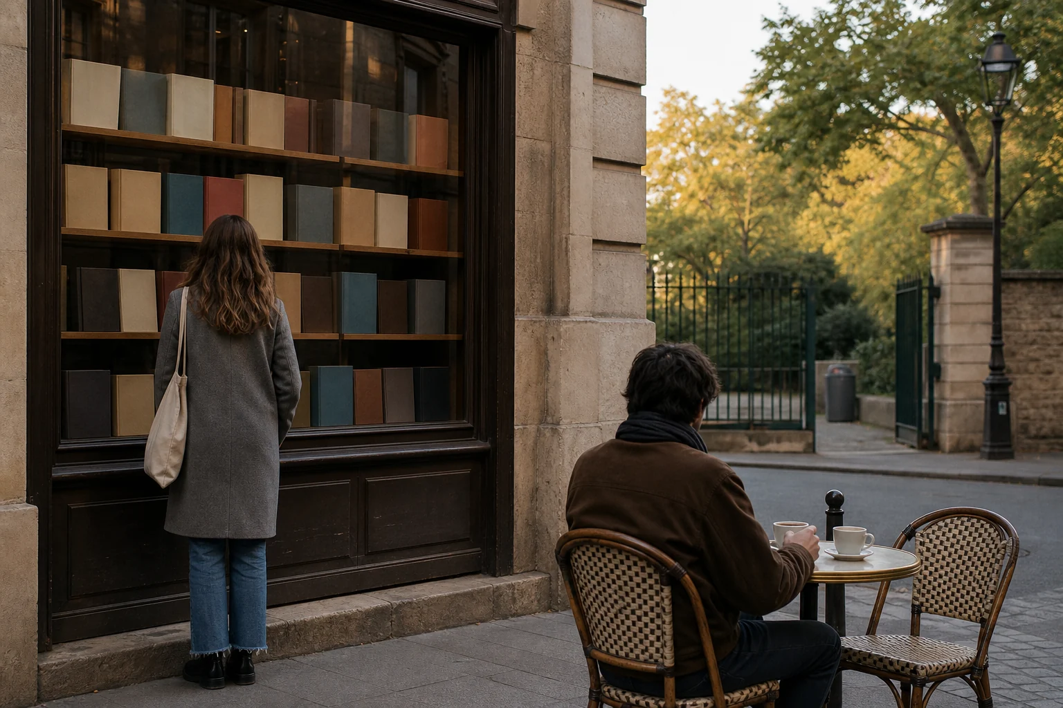 Quartier parisien fictif avec livres vierges, café et jardin