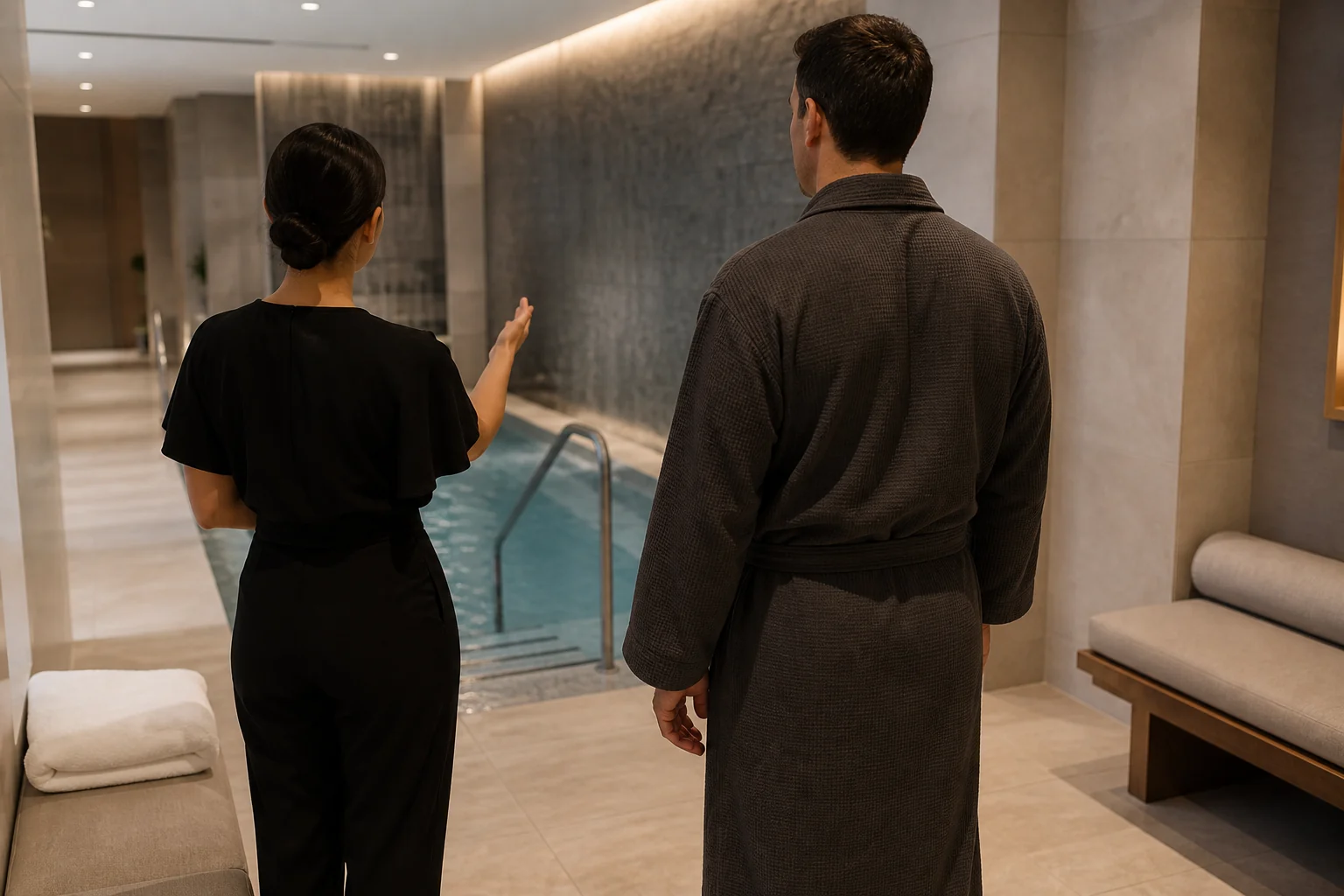 Fictional safety briefing in a hydrotherapy spa