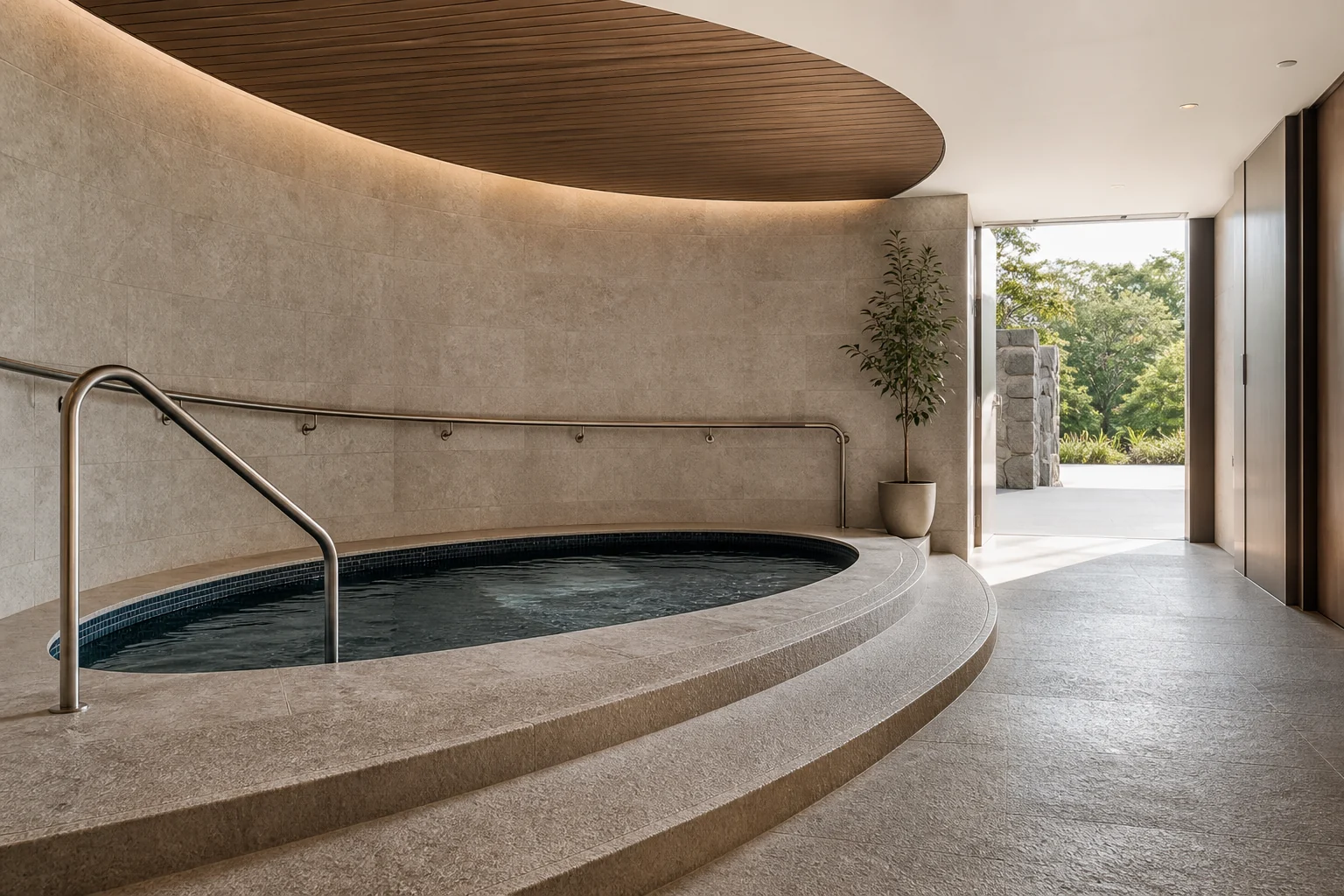 Fictional spa access with handrail, shallow steps and clear exit