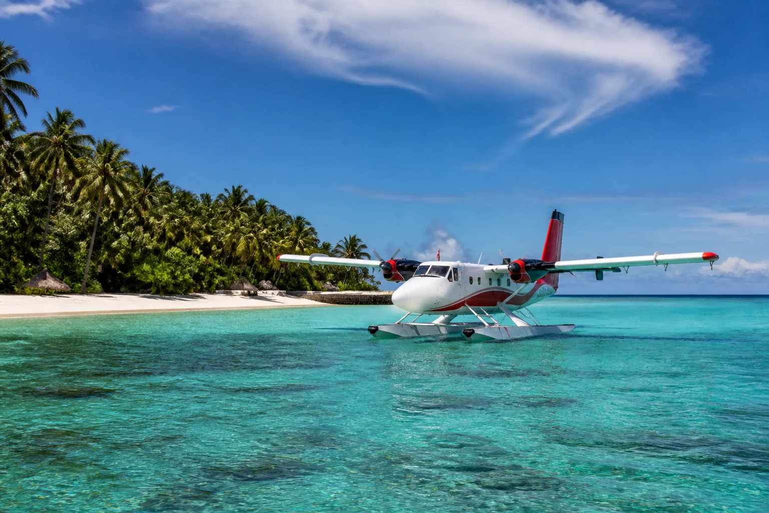 Trans Maldivian Airways seaplane off a Maldives island