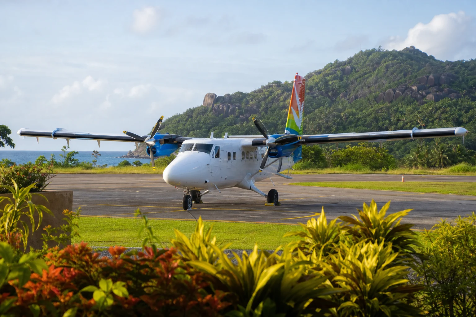 Air Seychelles Twin Otter on the apron at Praslin Airport