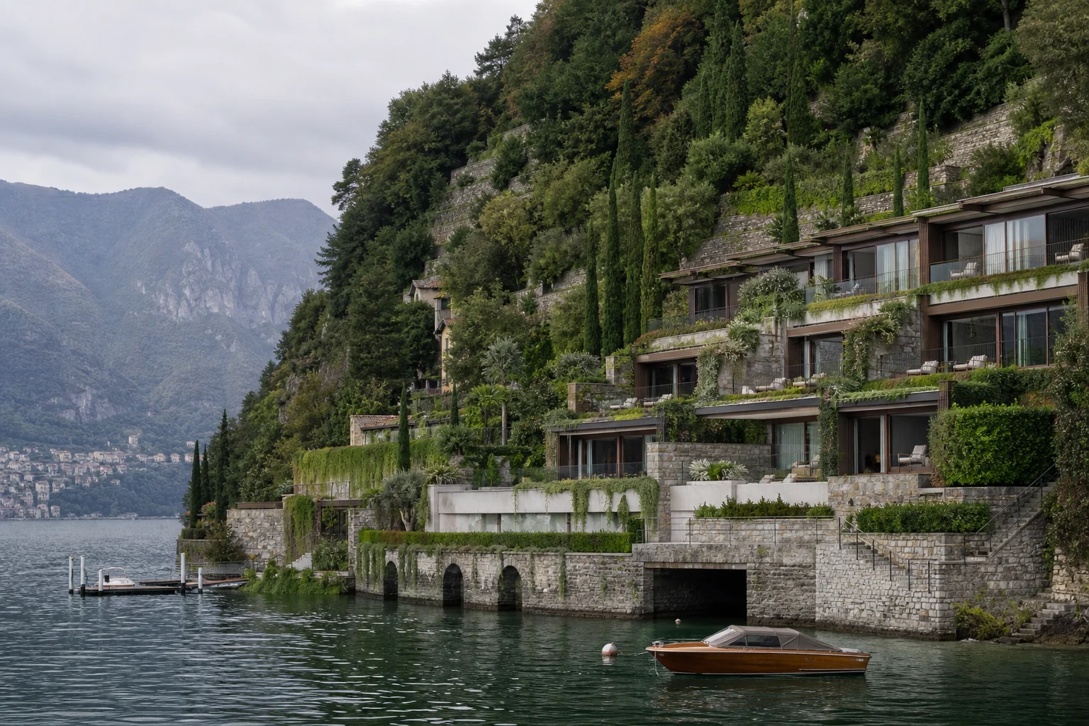 Architecture contemporaine fictive de suites sur la rive orientale escarpée du lac de Côme