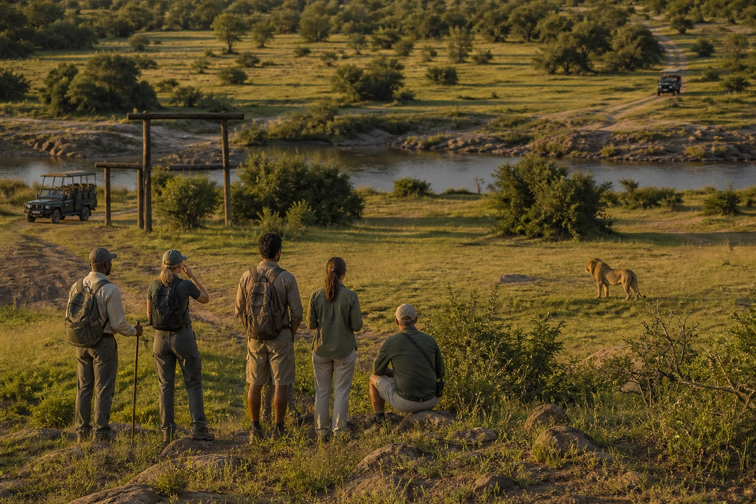 Photorealistic illustration for luxury safari lodges africa: setting and arrival