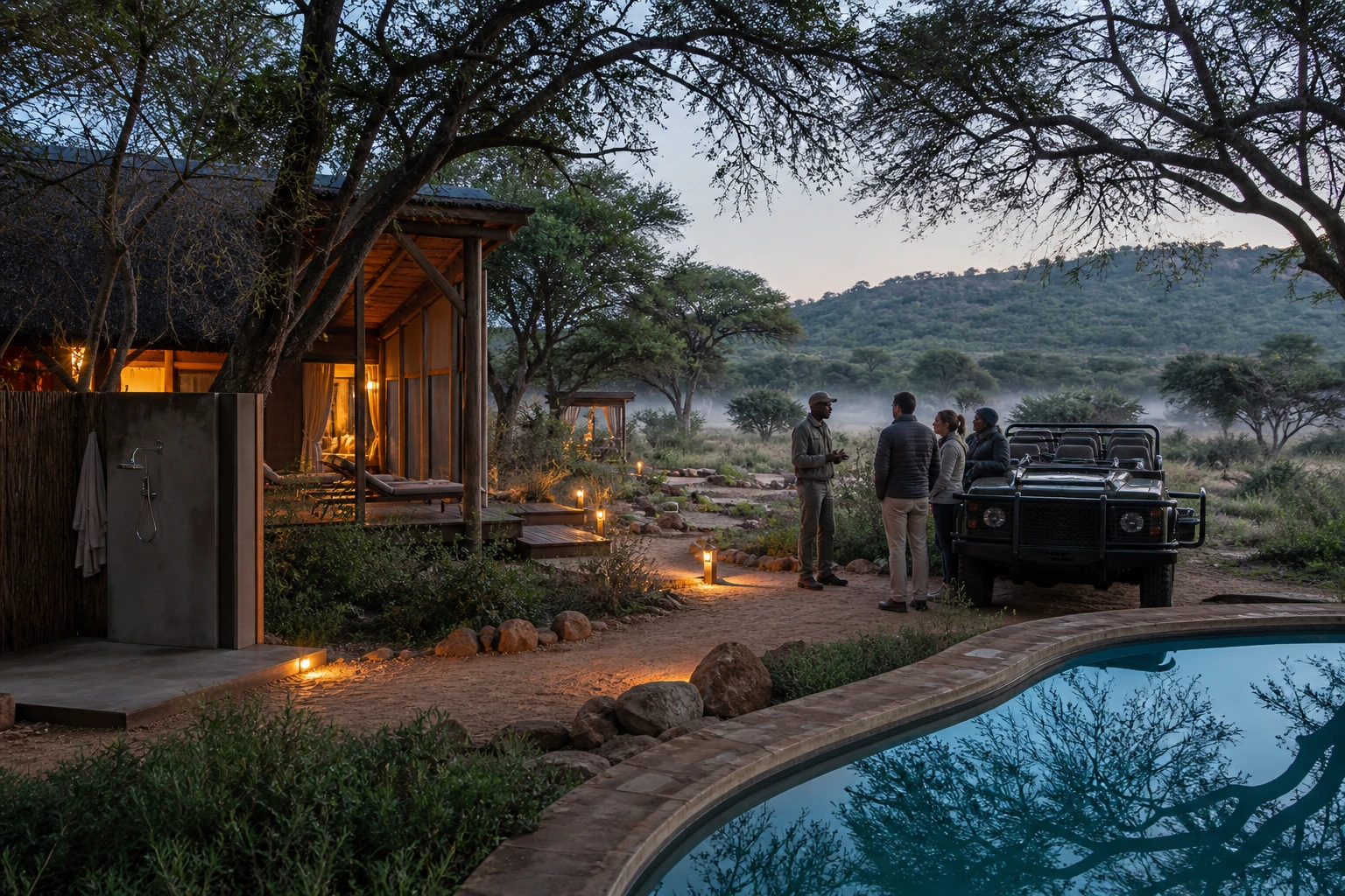 Photorealistic illustration for luxury safari lodges africa: accommodation and physical layout