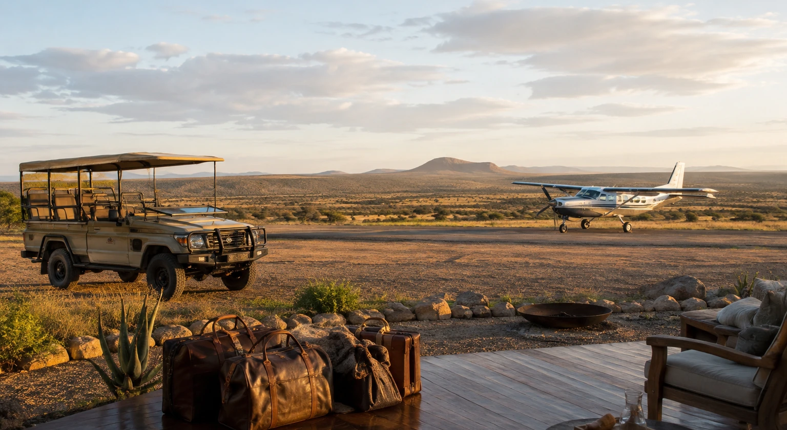 Photorealistic illustration for luxury safari lodges africa: logistics and service