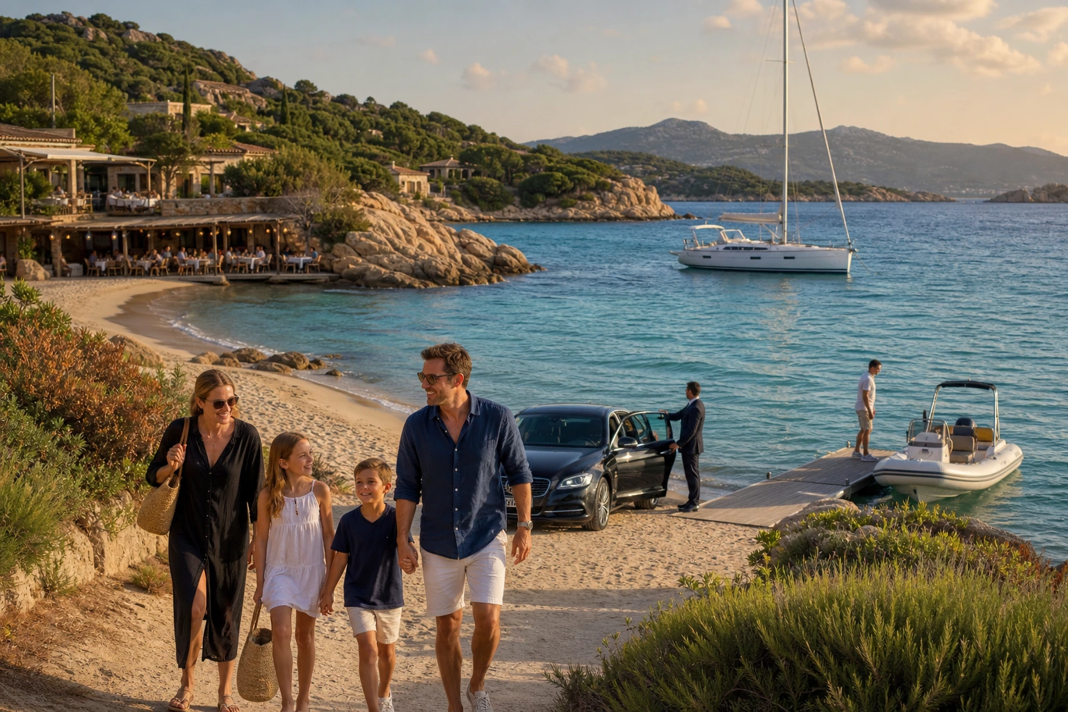 Photorealistic illustration for luxury sardinia coasts: setting and arrival