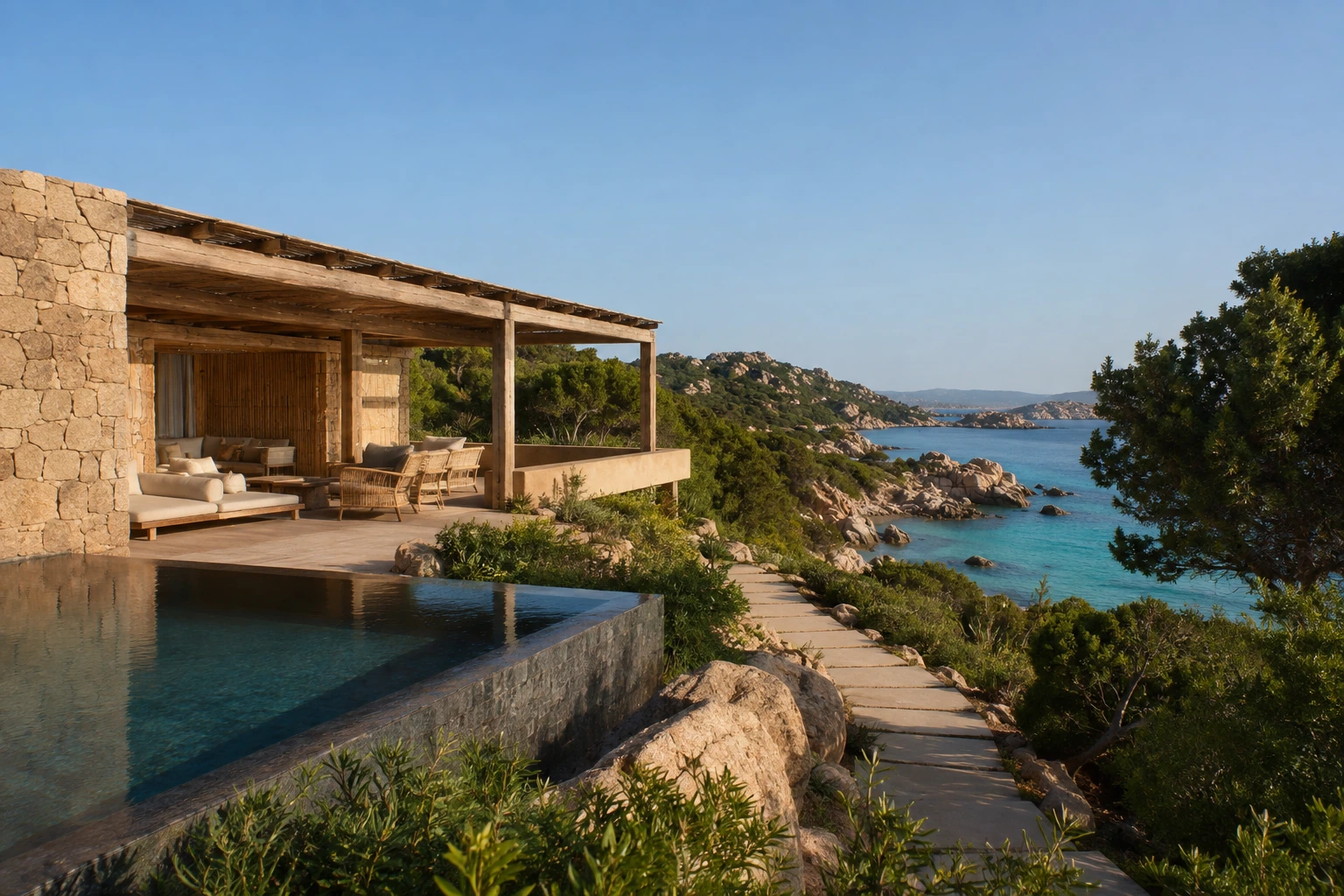 Illustration photoréaliste pour luxury sardinia coasts : accommodation and physical layout