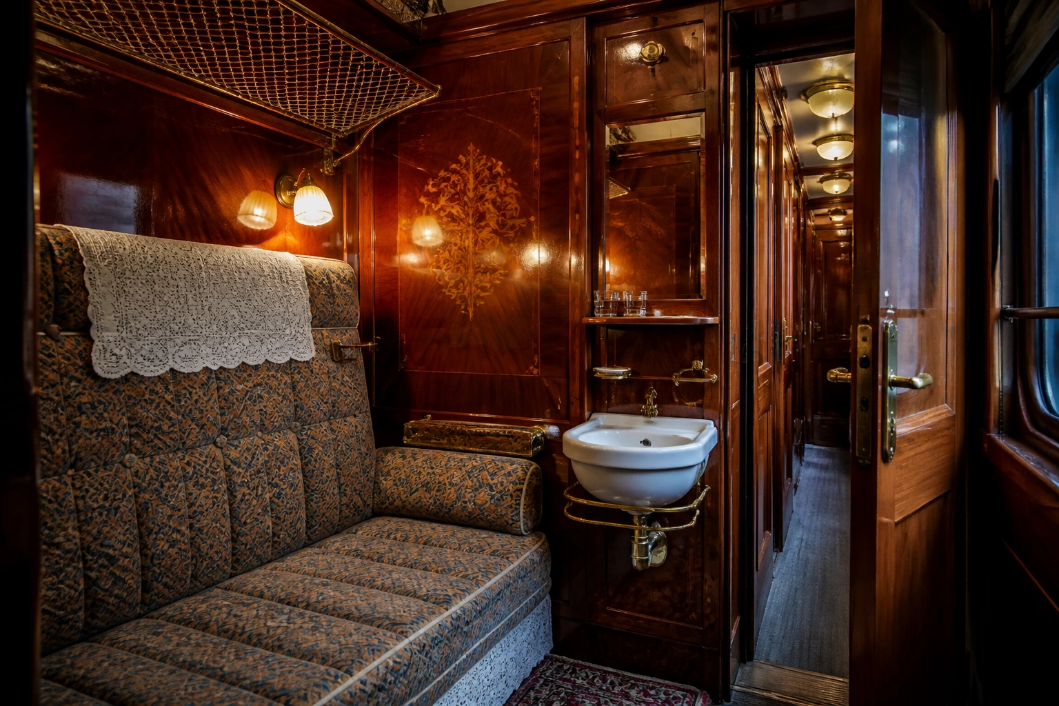 Museumsrekonstruktion einer Orient-Express-Kabine mit Waschbecken und Sitz- beziehungsweise Bettbereich