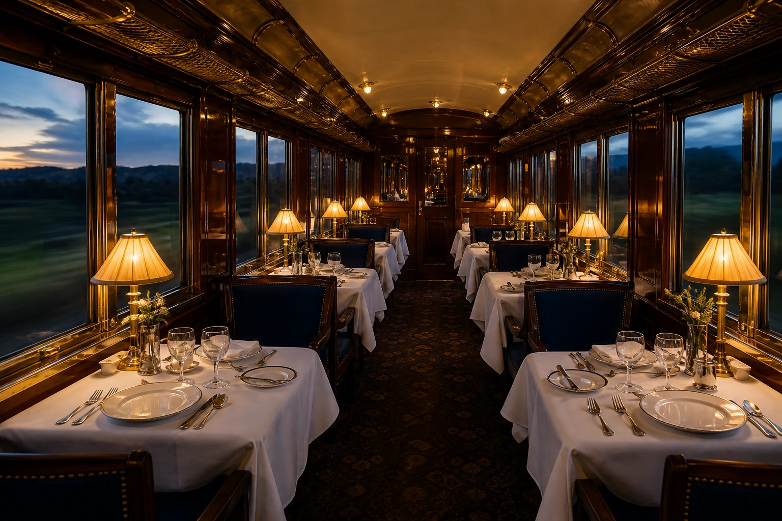 Gedeckter Tisch in einem real fotografierten Orient-Express-Speisewagen
