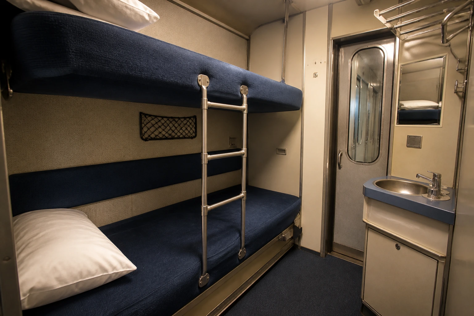 Two-berth cabin in a real Italian FS MU sleeping car with vertical ladder