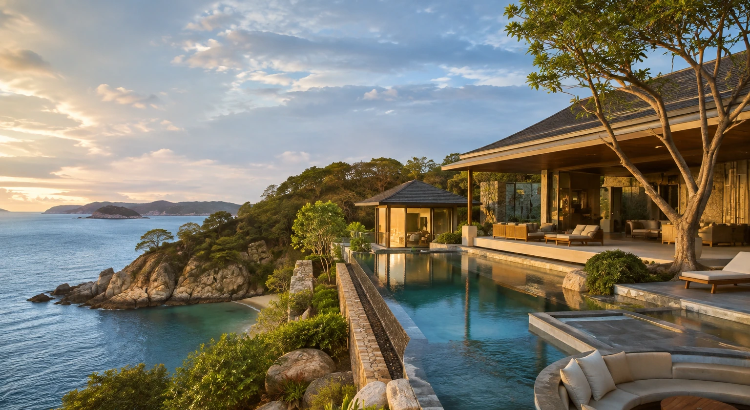 Photorealistic illustration for luxury travel insurance: accommodation and physical layout