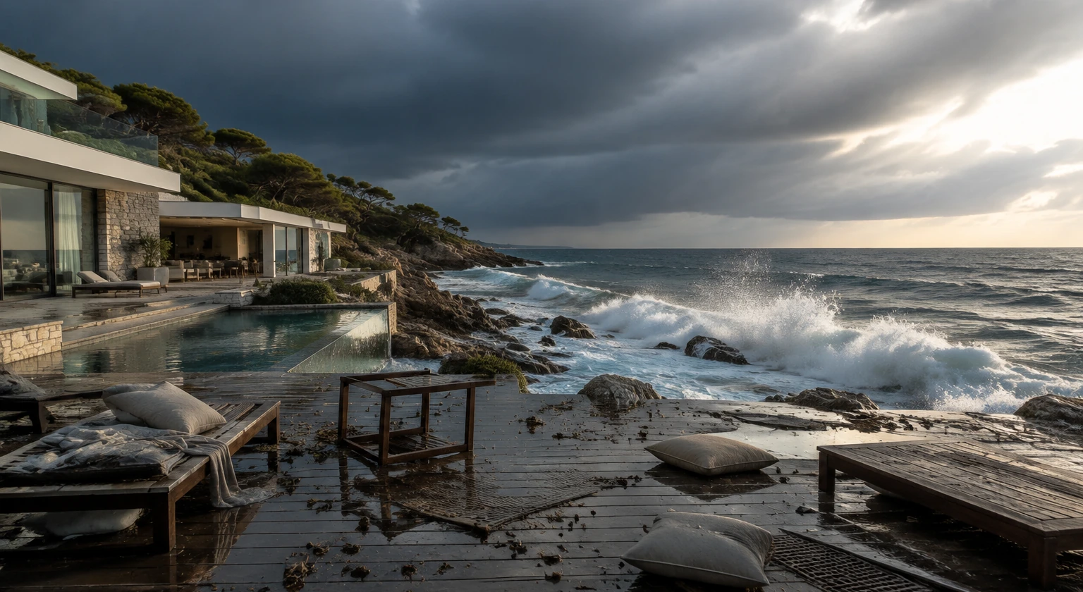 Photorealistic illustration for luxury travel insurance: reality-check detail
