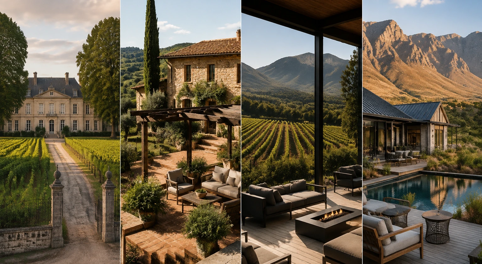 Photorealistic illustration for luxury wine journeys four regions: accommodation and physical layout