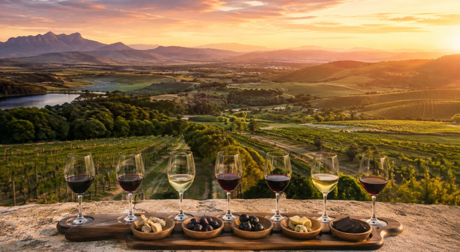 Photorealistic illustration for luxury wine journeys four regions: signature experience