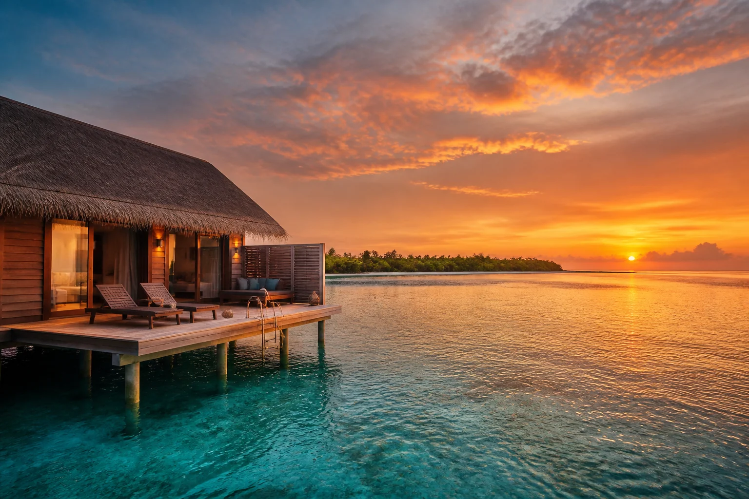 Water villa and sunset at Reef Beach, Reethi Rah