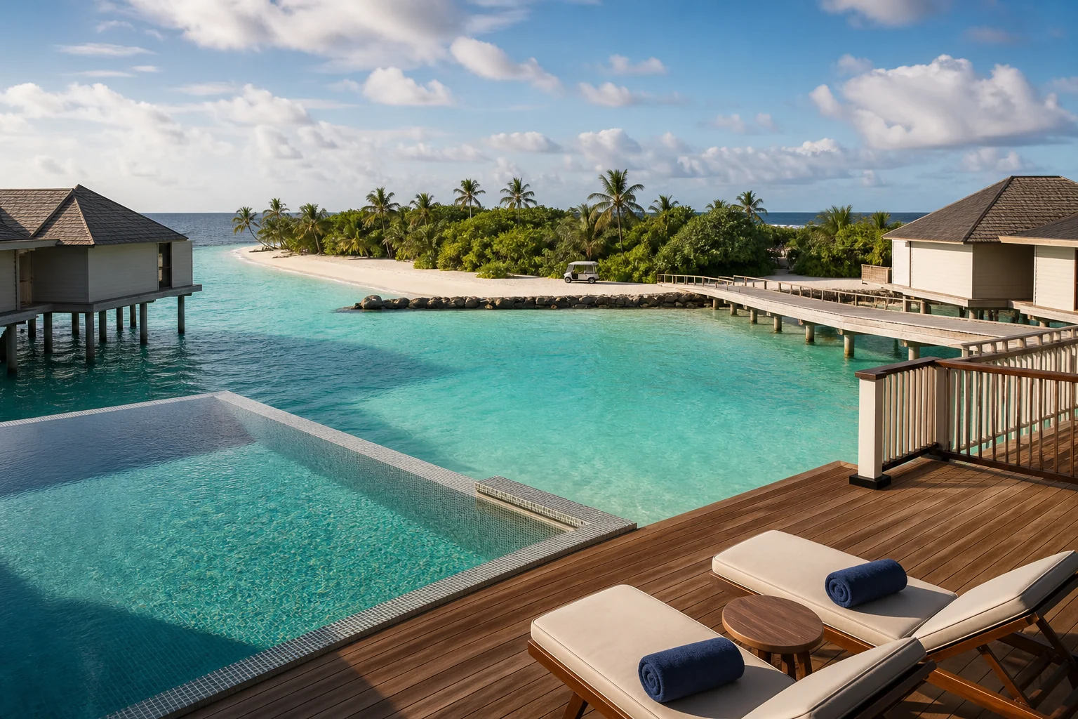 Résidence fictive aux Maldives avec piscine, voisins, jetée et voie de service