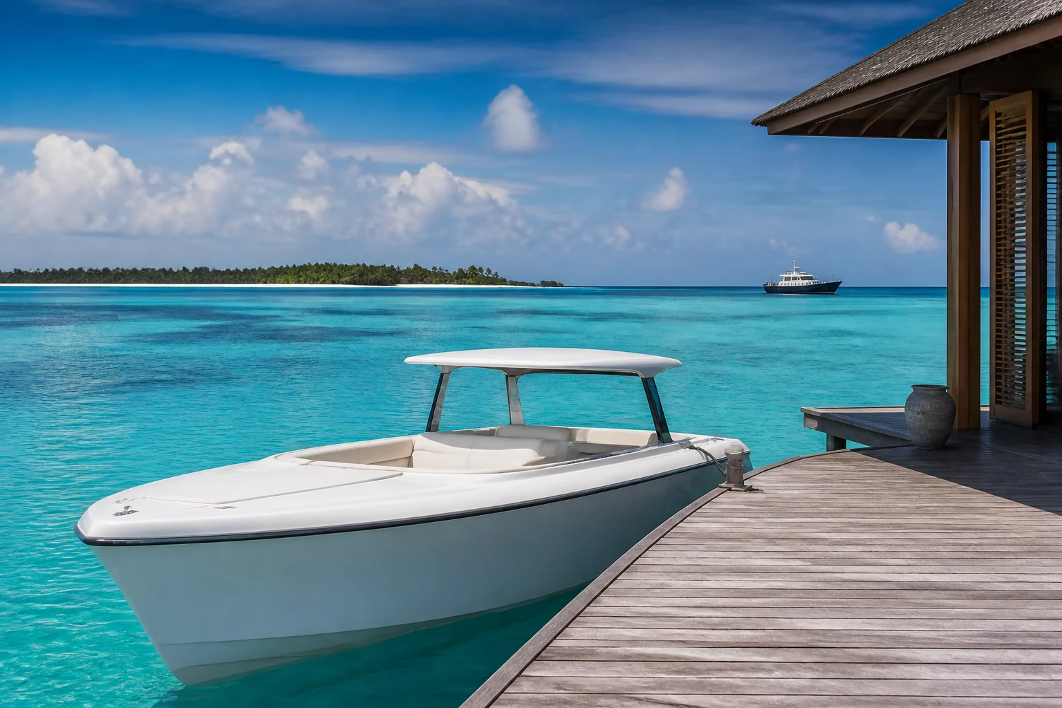 Résidence fictive accessible en bateau avec île principale visible