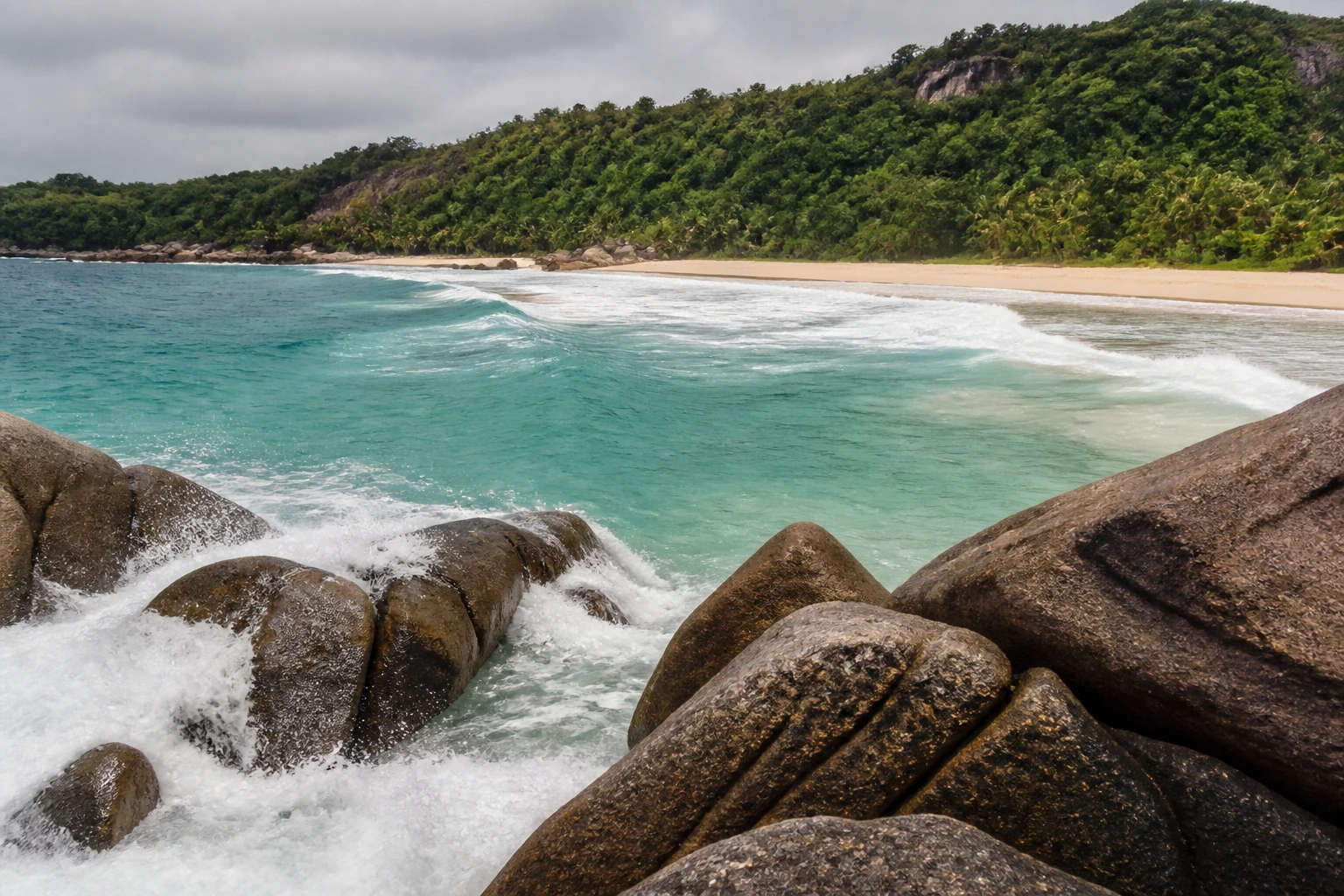 Granite rocks and active shoreline at real Anse Intendance on Mahé