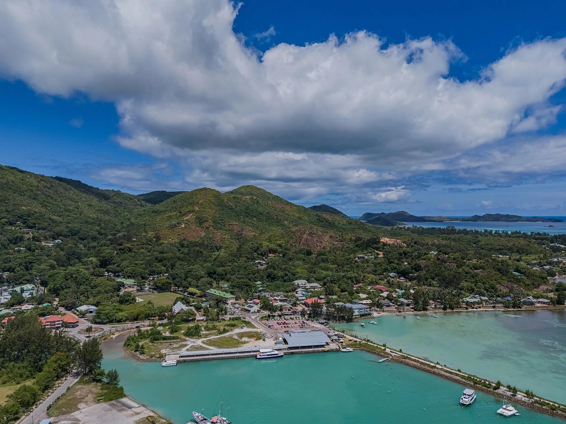 Aerial view of Baie Sainte Anne and the real Port of Praslin