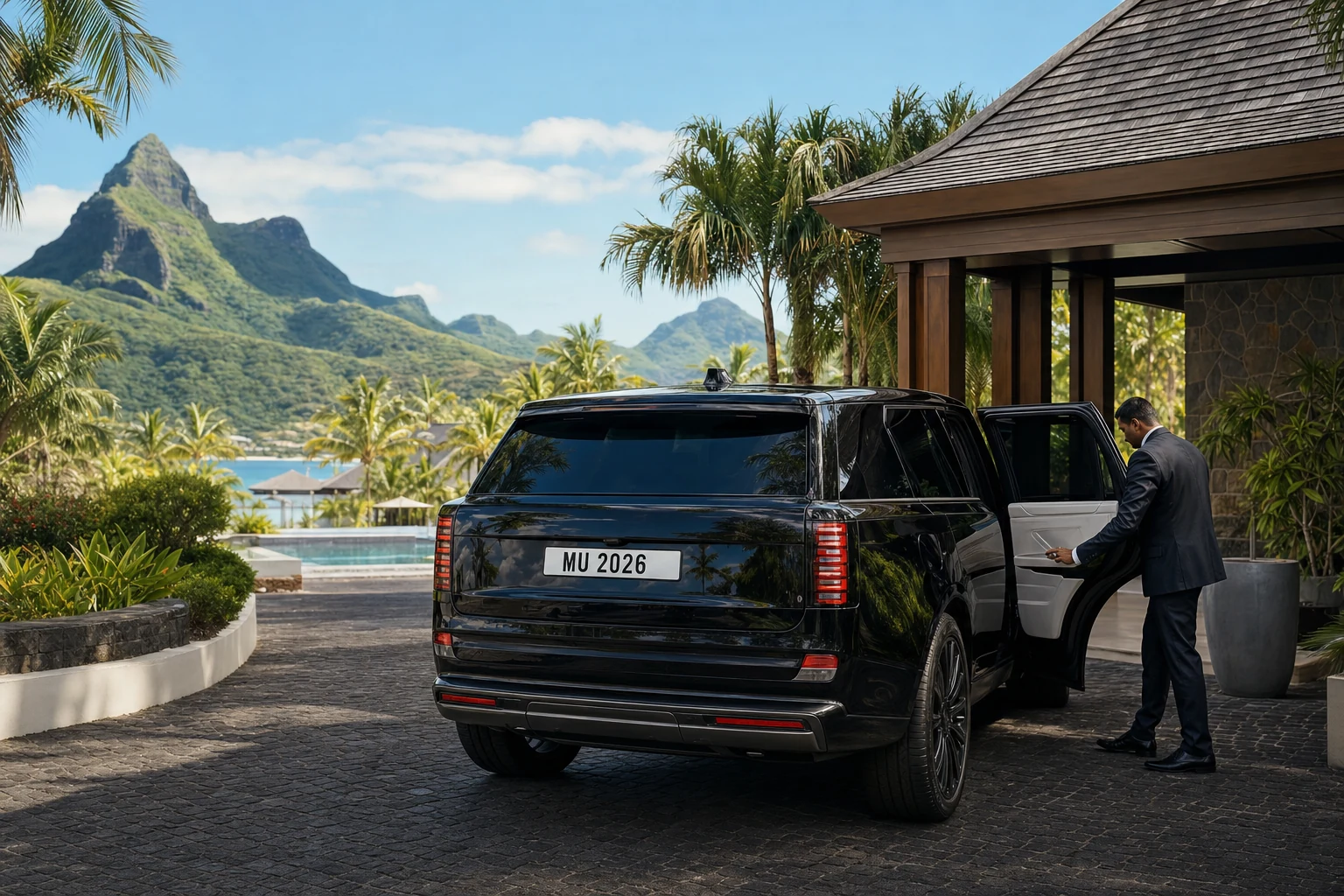 Private chauffeur transfer in Mauritius against a tropical coastal landscape