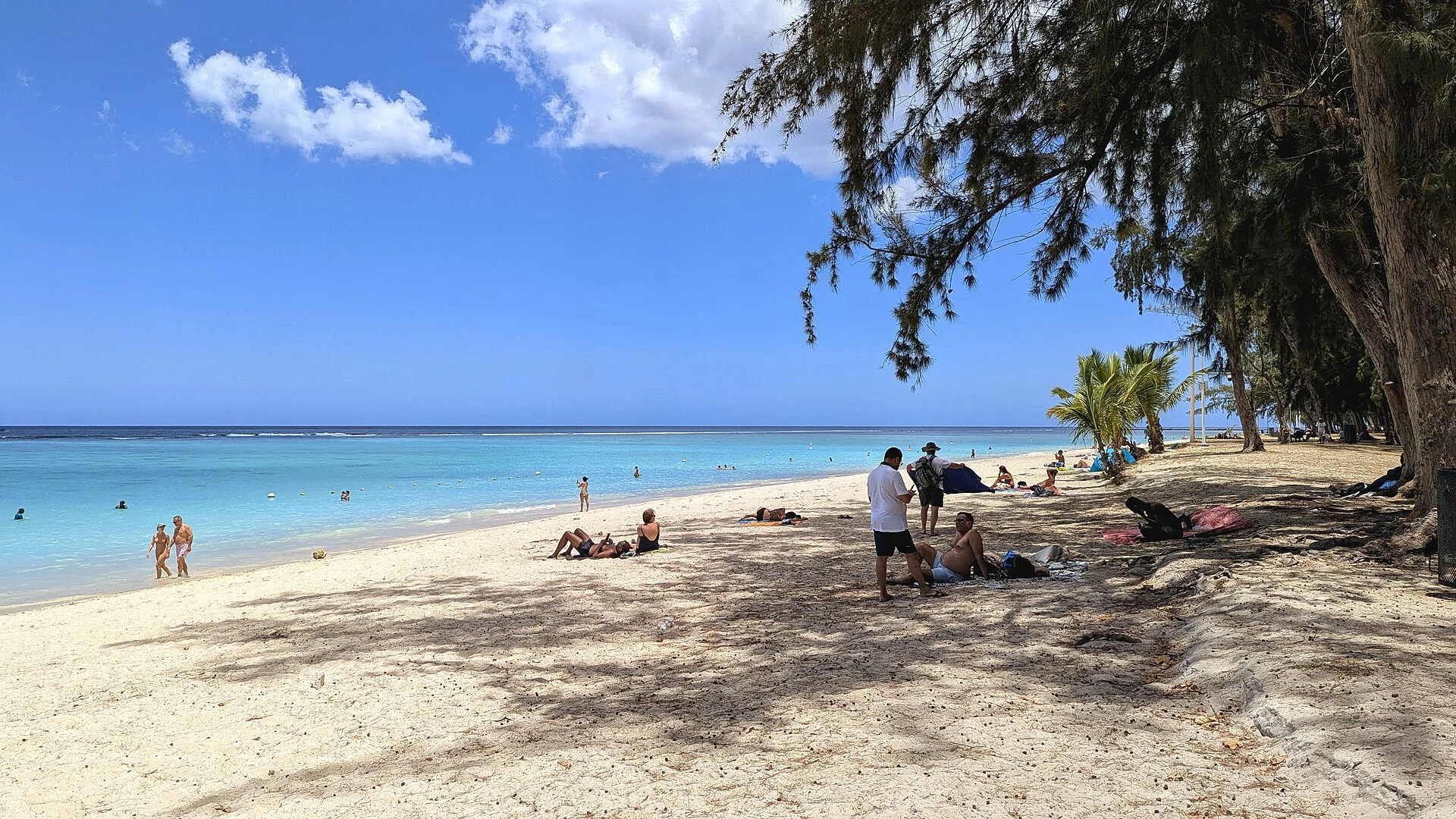 Real publicly used Flic-en-Flac beach with lagoon, swimmers and shade trees
